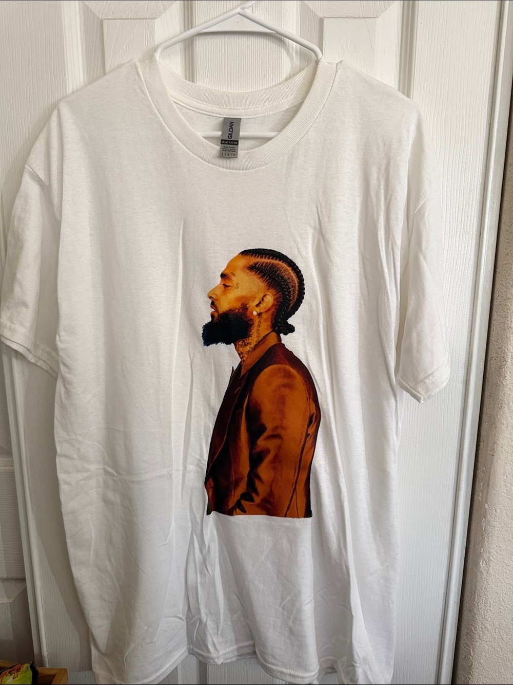 Nipsey White Graphic Crewneck T-Shirt with Brown Portrait Print